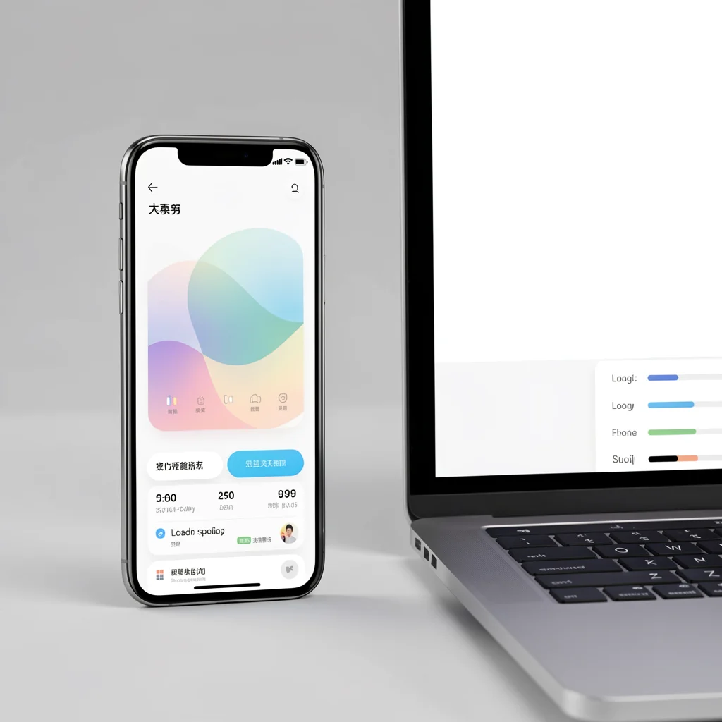 Dispositivos smartphone e notebook lado a lado com dashboards abstratos representando velocidade e responsividade
