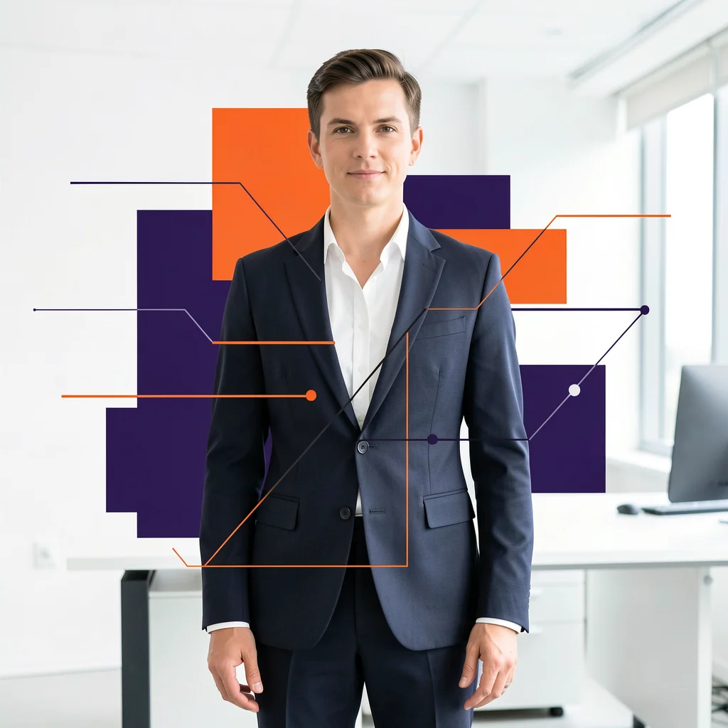 Profissional corporativo em um ambiente de escritório moderno com elementos gráficos abstratos em laranja e roxo.