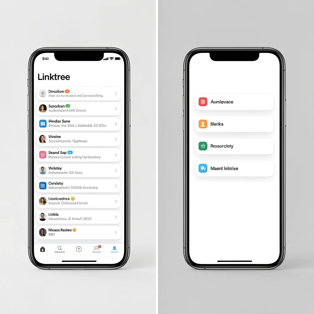 Comparação visual de duas páginas Linktree em smartphones: uma com excesso de links e outra com poucos links organizados
