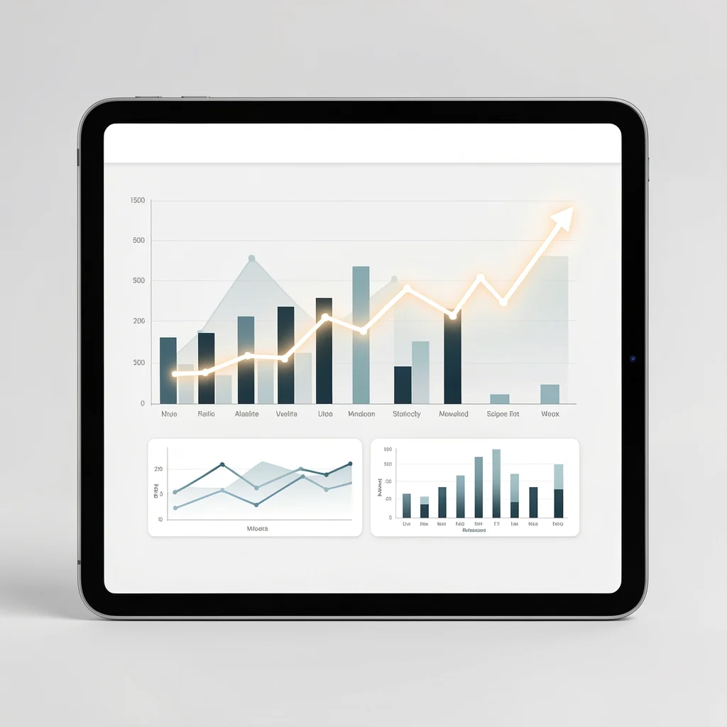 Tablet exibindo dashboard de analytics com gráficos abstratos de barras e linha ascendente
