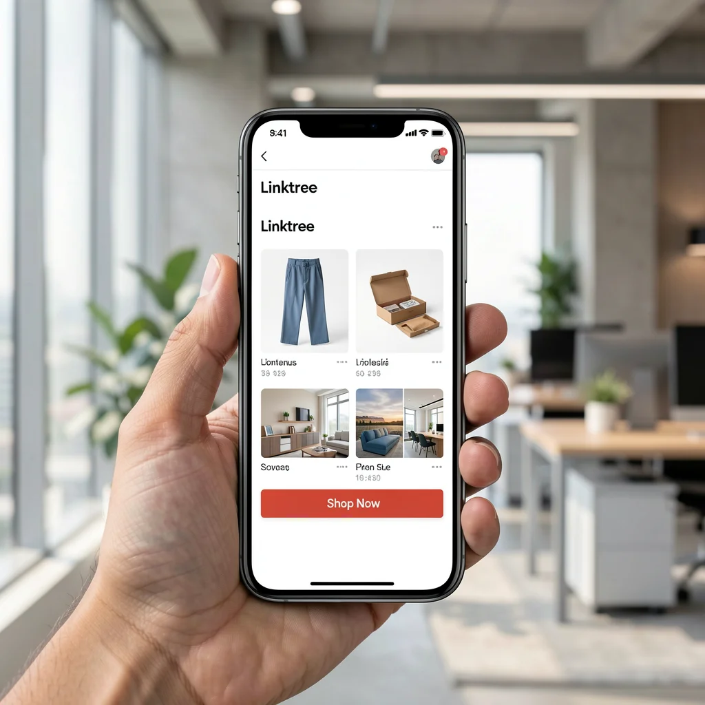 Mão segurando smartphone com página Linktree exibindo botão de compra e miniaturas de produtos