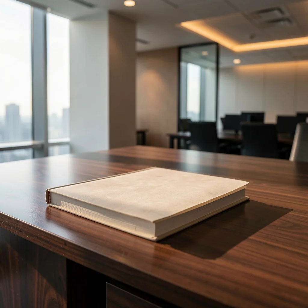 Um livro contábil de couro elegante sobre uma mesa de escritório executiva de madeira escura com iluminação natural.