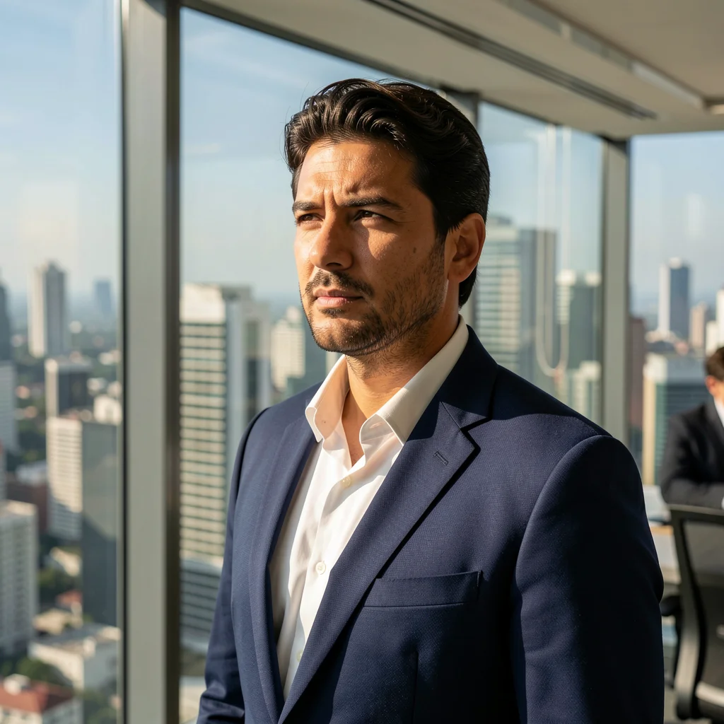 Empreendedor brasileiro de sucesso posando em um escritório moderno com vista para a cidade.