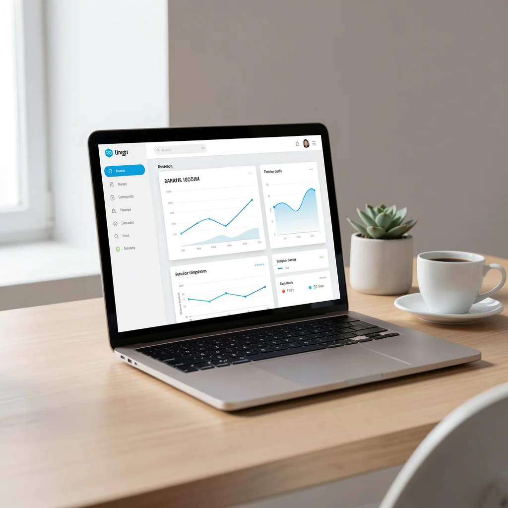 Mesa de escritório minimalista com laptop mostrando um dashboard abstrato, simbolizando a criação de autoridade online com baixo orçamento