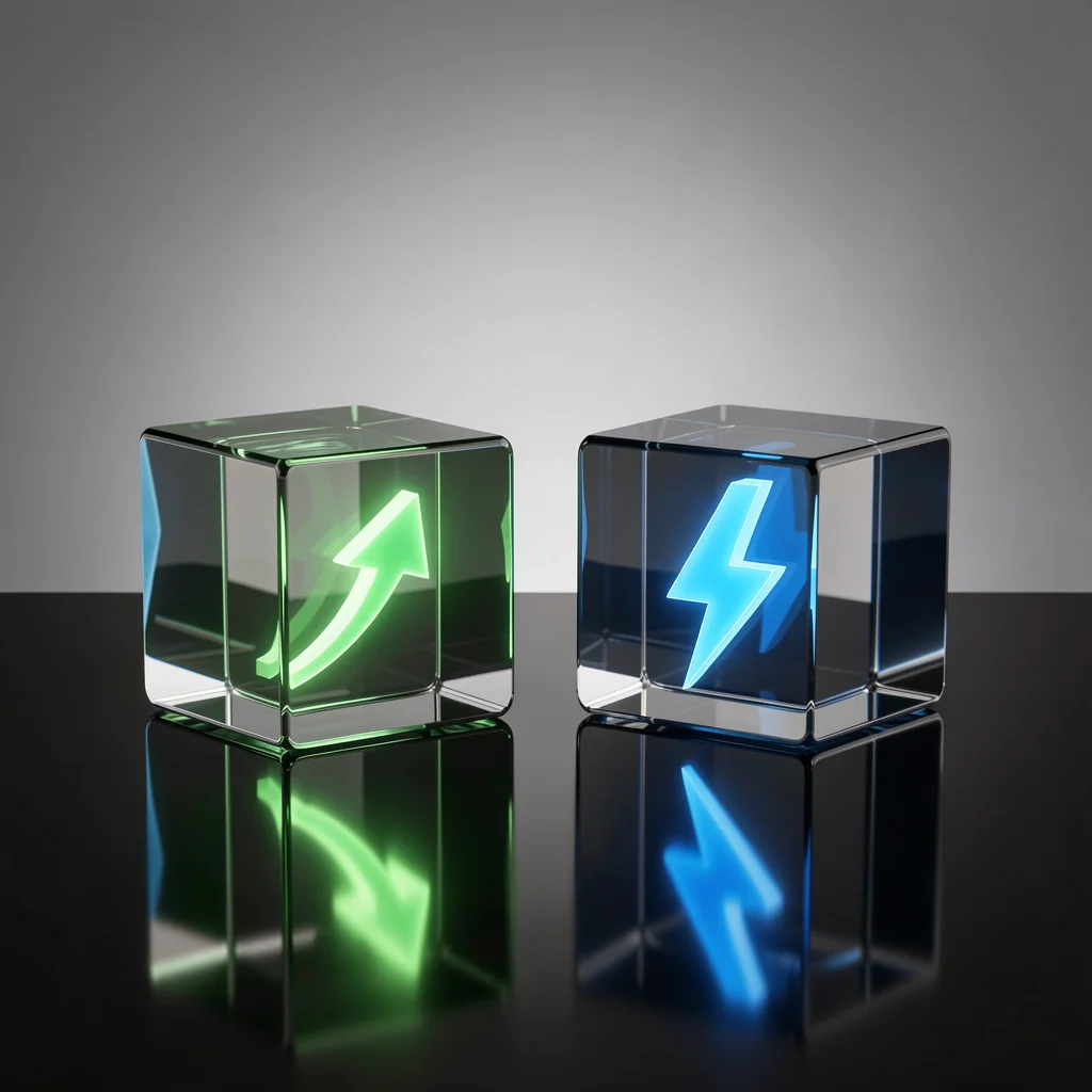 Dois cubos de vidro, um com uma seta verde representando crescimento orgânico e outro com um raio azul representando anúncios pagos