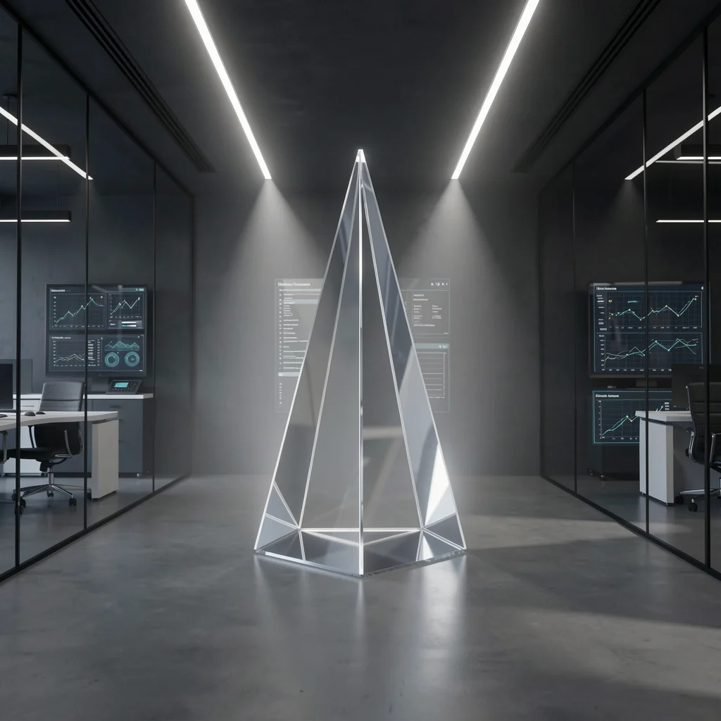 Um prisma de vidro minimalista emitindo feixes de luz em um ambiente de escritório moderno, simbolizando o alcance proativo do marketing.