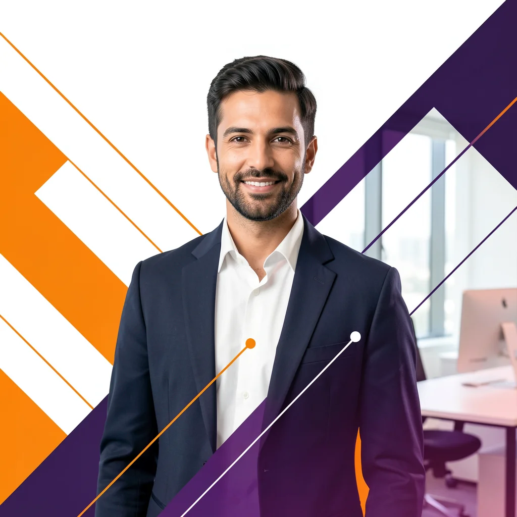 Retrato corporativo profissional com elementos gráficos abstratos em laranja e roxo sobre fundo branco.