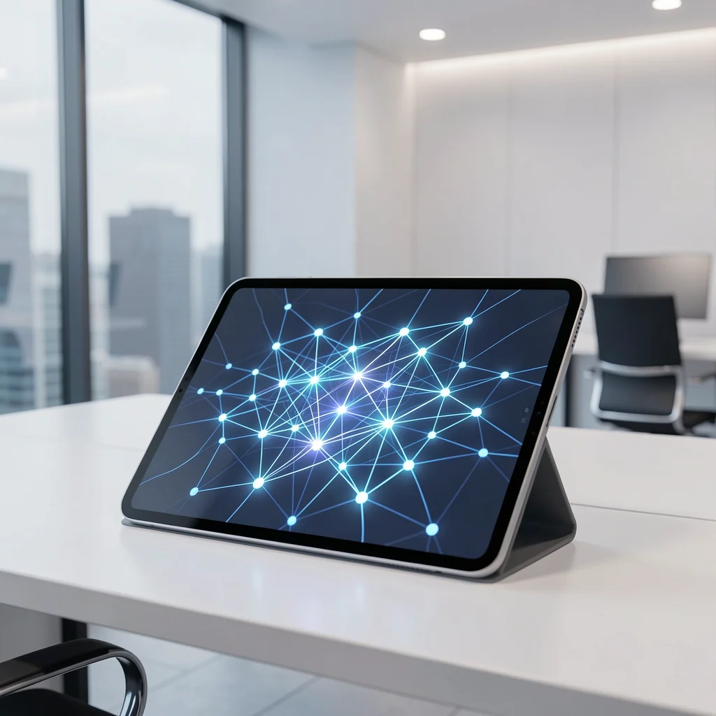 Interface de tablet exibindo uma rede neural abstrata, simbolizando a integração da inteligência artificial no marketing moderno.