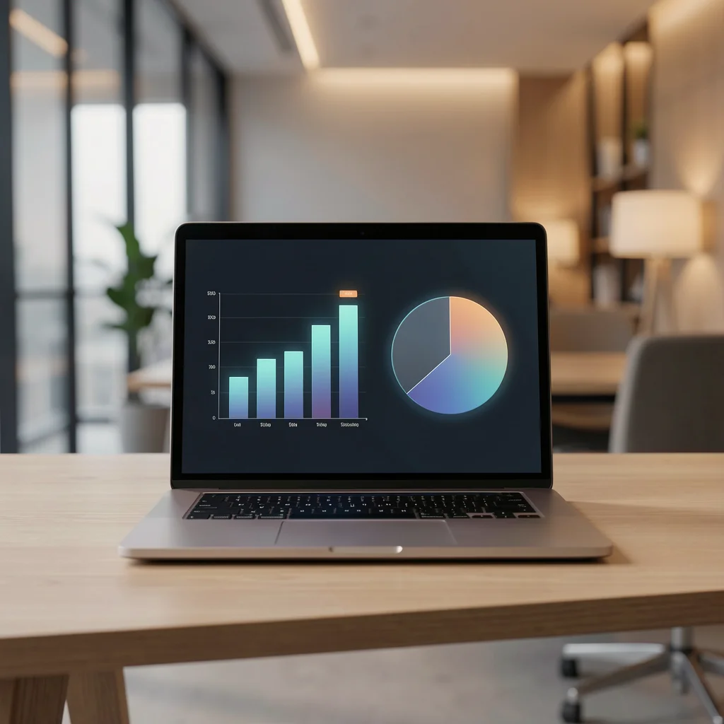 Dashboard de análise de marketing digital em laptop premium em ambiente de escritório moderno
