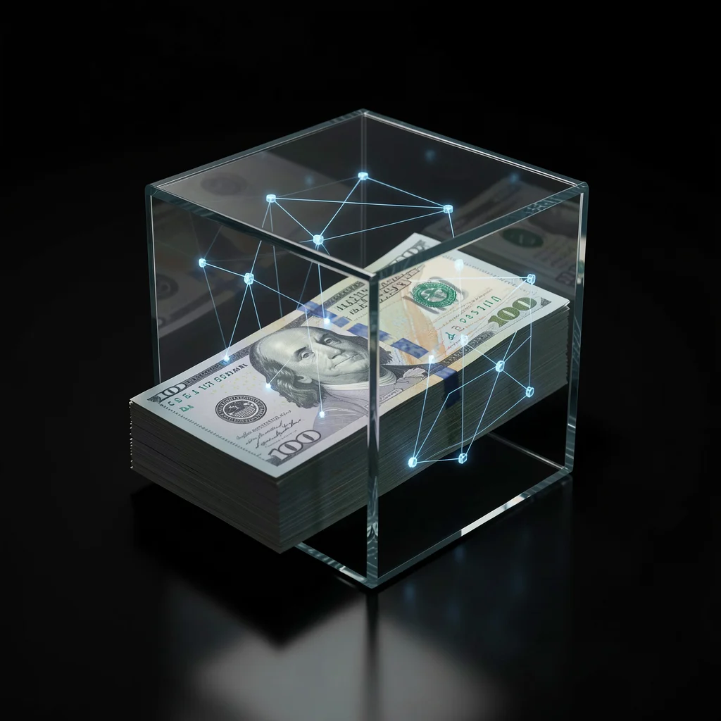 Pilha de dinheiro com cubo de vidro e rede digital representando investimento em marketing digital