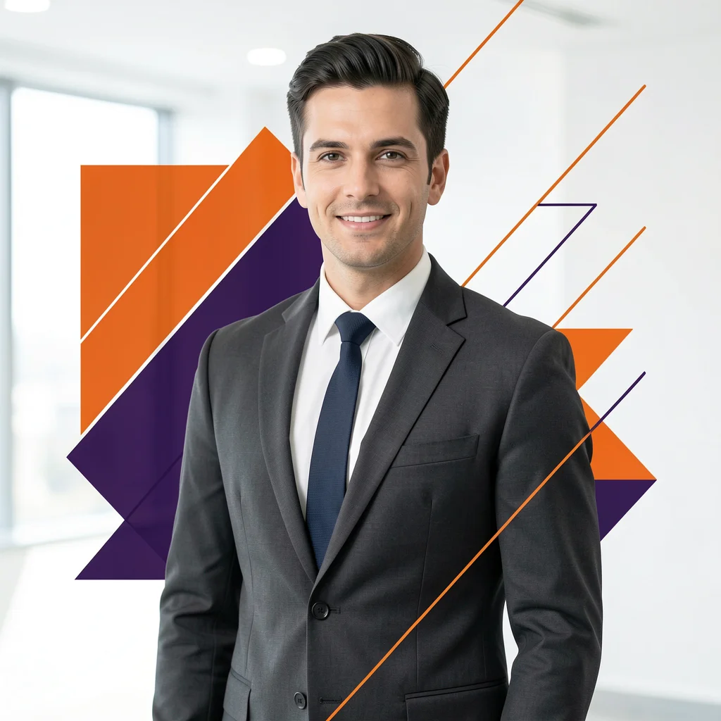 Profissional corporativo em um ambiente de escritório moderno com elementos gráficos abstratos em laranja e roxo.