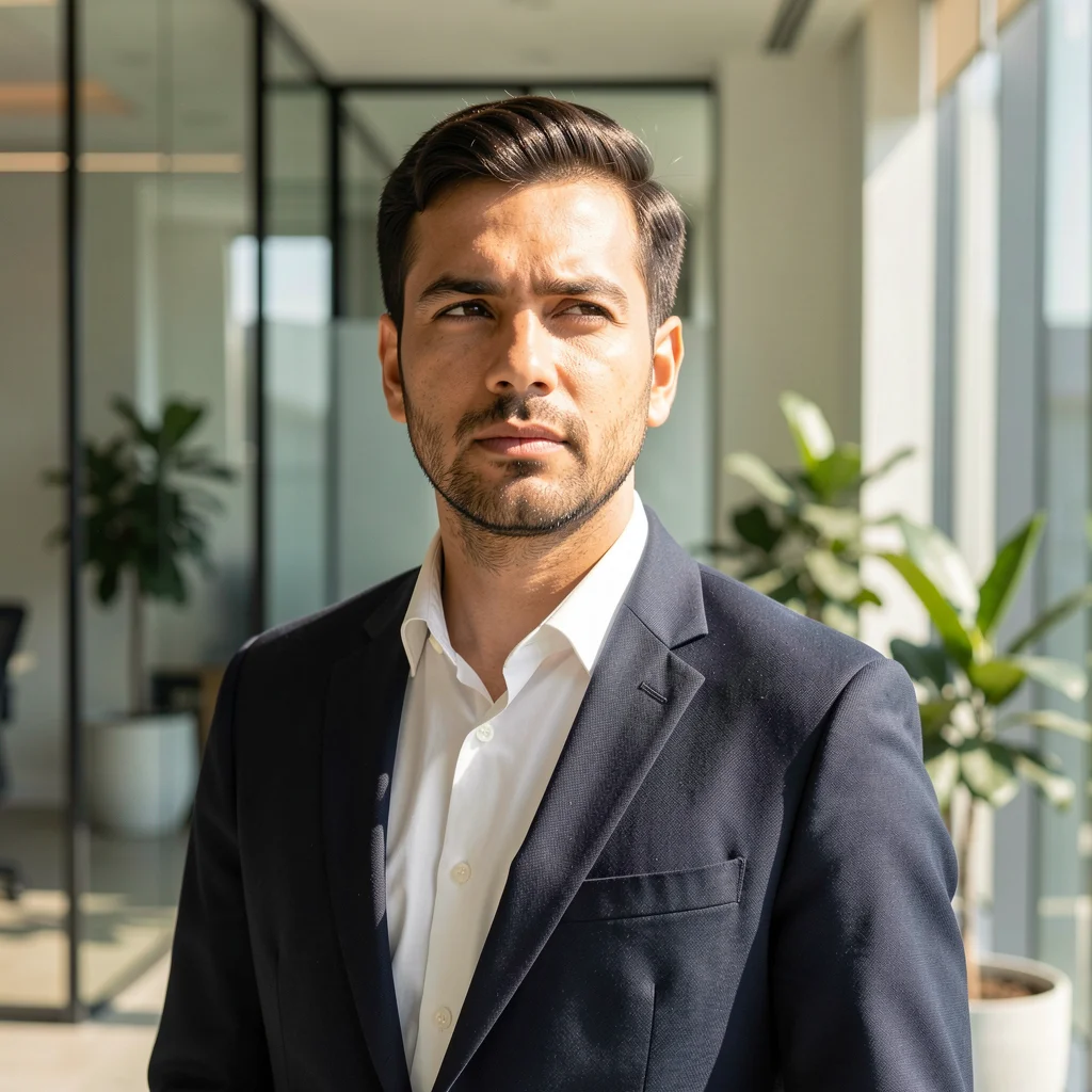 Profissional corporativo em um ambiente de escritório moderno e iluminado, transmitindo visão e estratégia.