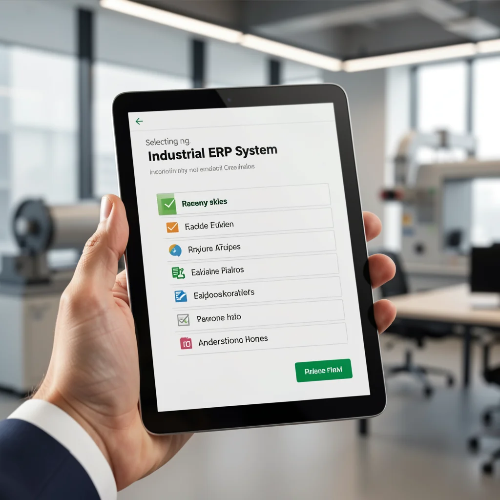 Checklist detalhado em tablet para escolha de ERP industrial.