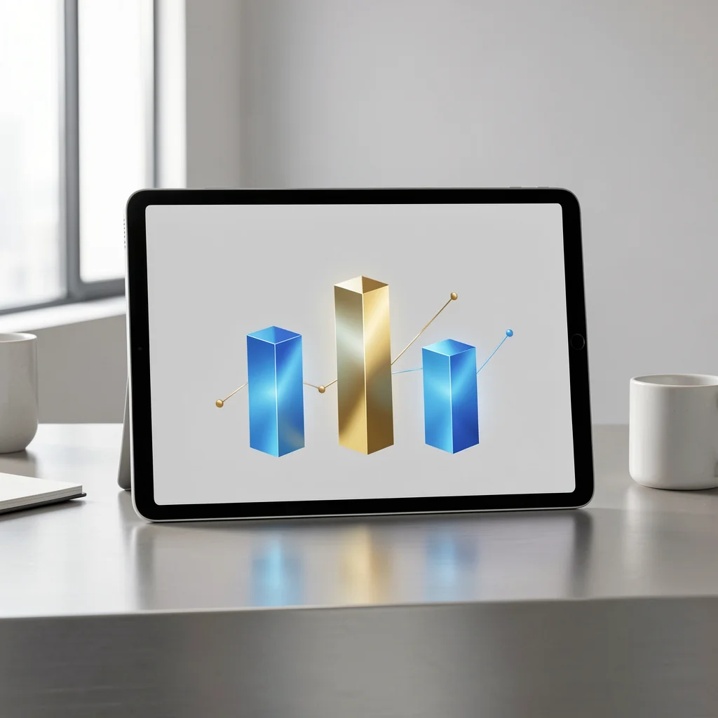 Dashboard abstrato em tablet com três pilares de dados em barras geométricas azuis e douradas, representando pilares de negócio digital lucrativo