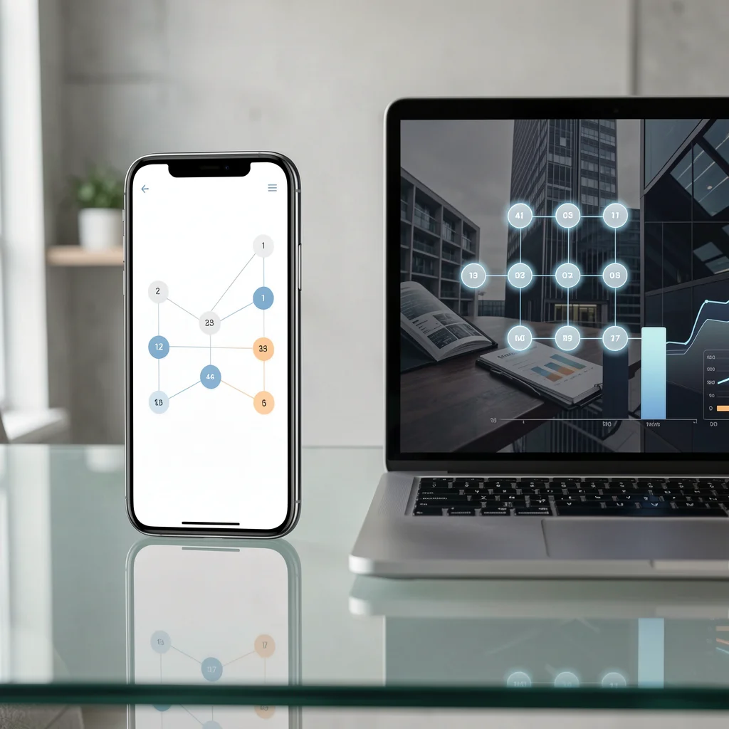 Smartphone e laptop premium em mesa de vidro exibindo uma interface abstrata de ranking com dez nós numerados e linhas de conexão