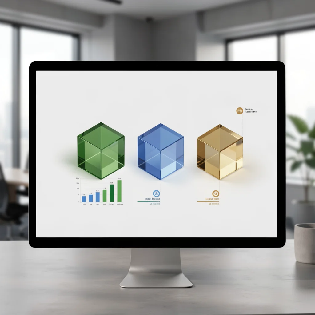 Visualização de dados com cubos de vidro flutuantes em verde, azul e dourado, representando comparação de modelos de negócio