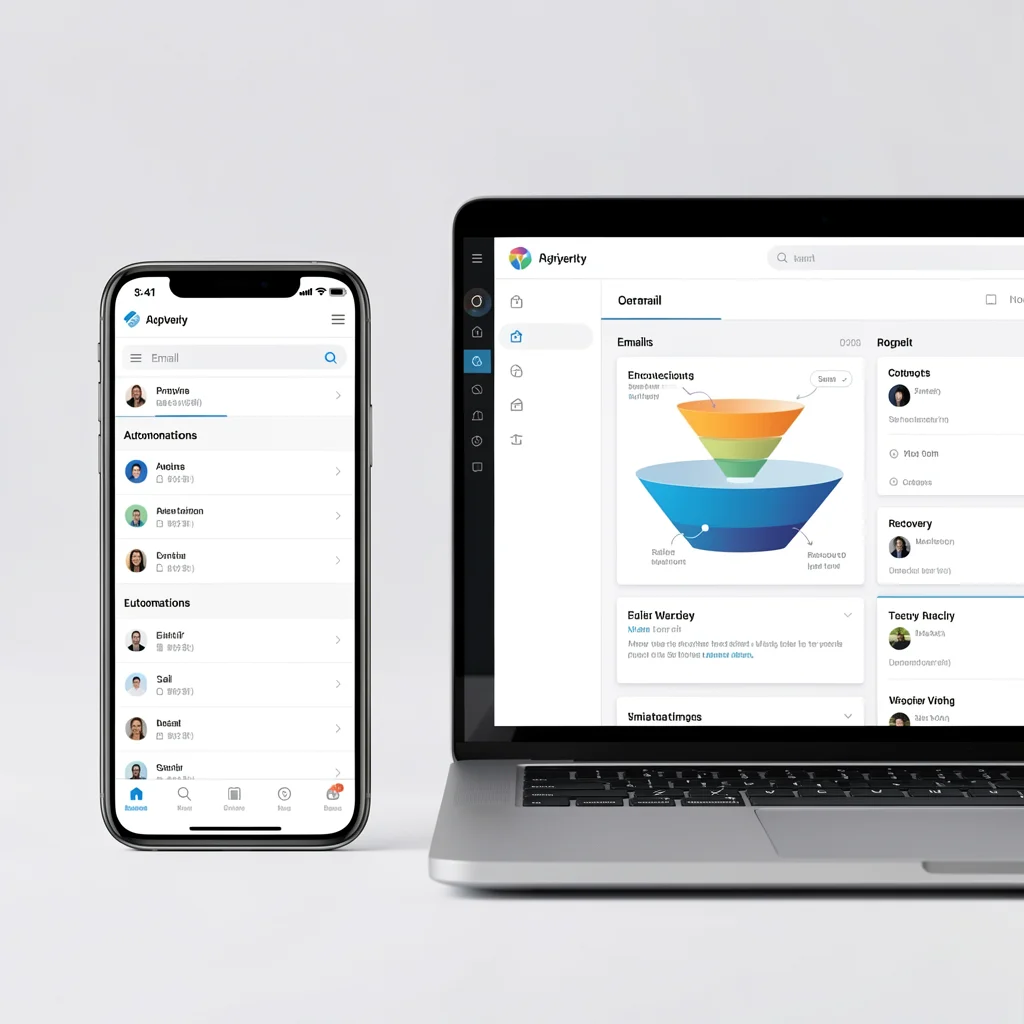 Mockup de smartphone e notebook exibindo dashboard de automação de e-mail com funil de recuperação de carrinho abstrato