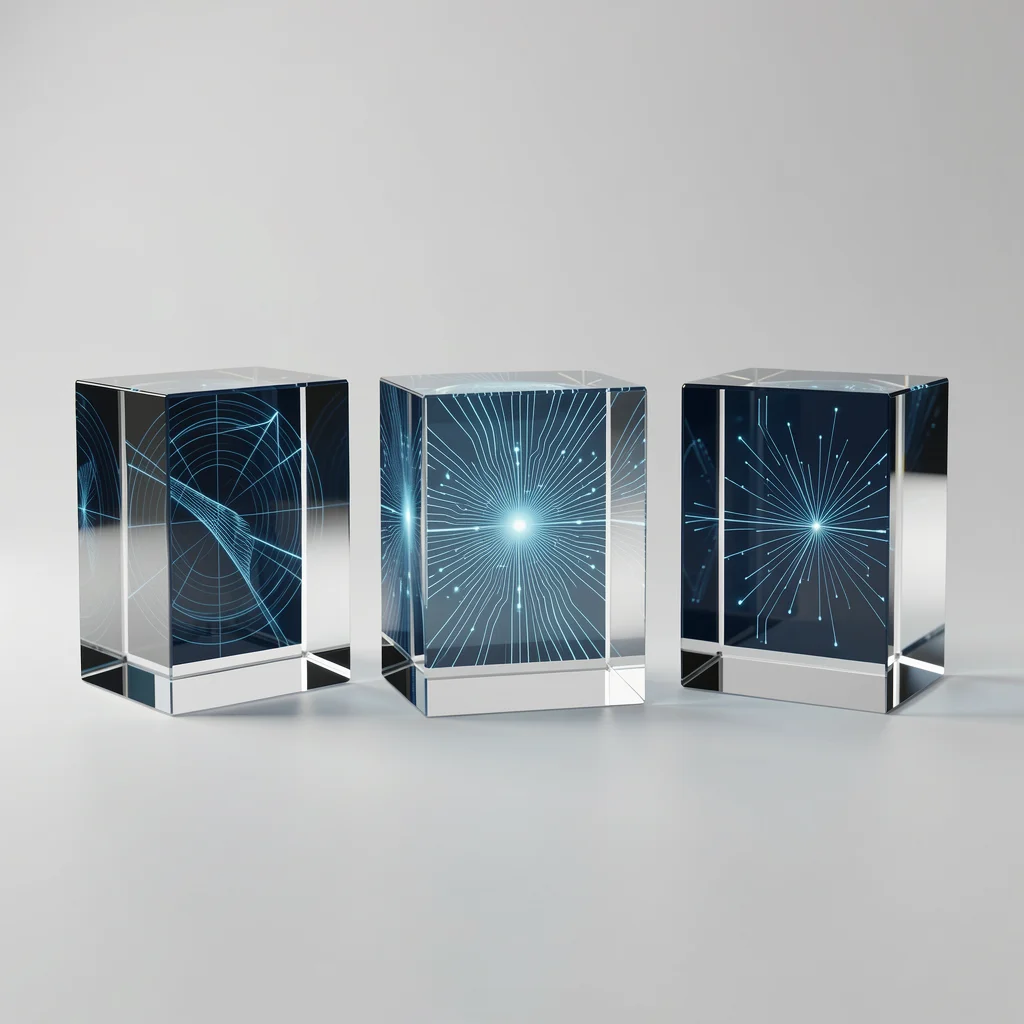 Três prismas de vidro com padrões digitais abstratos representando diferentes plataformas de infoprodutos