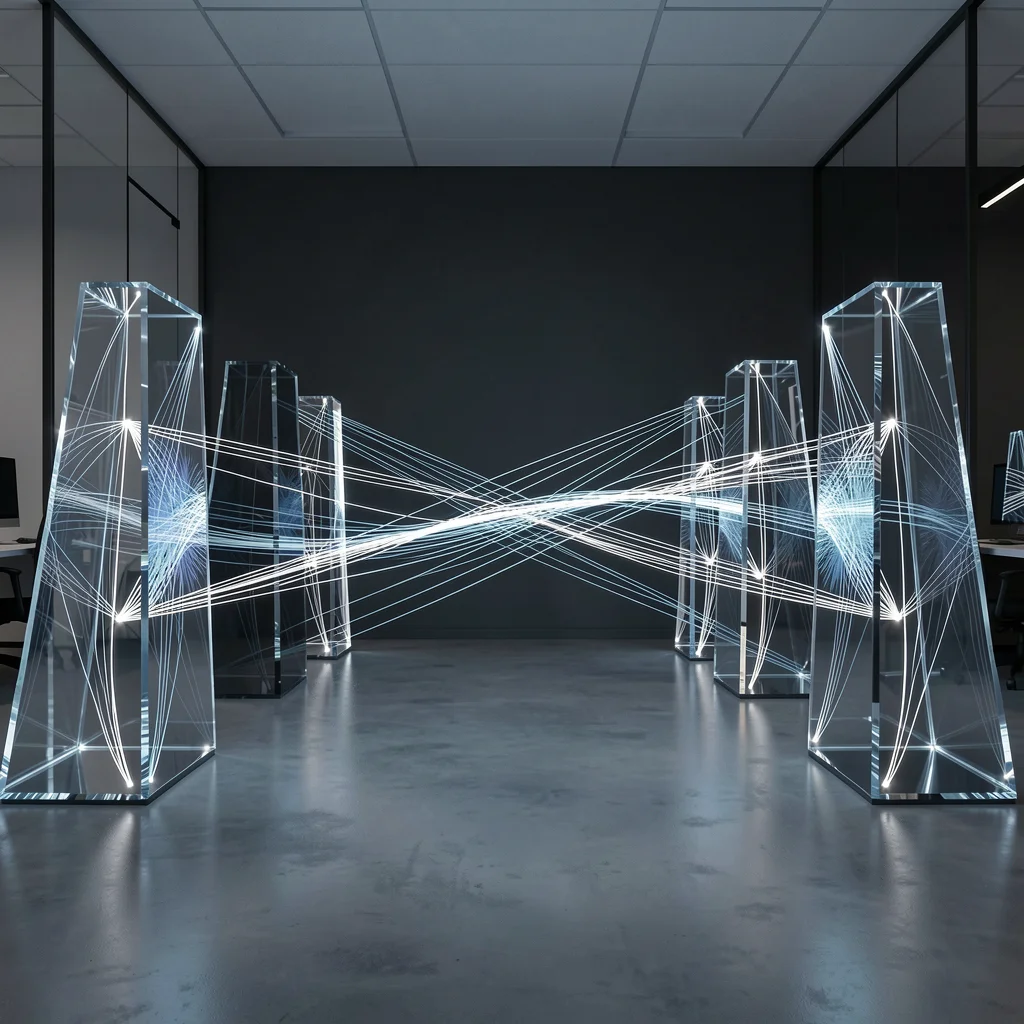 Representação abstrata de fluxo de dados e arquitetura de rede em fibras ópticas com iluminação sofisticada.