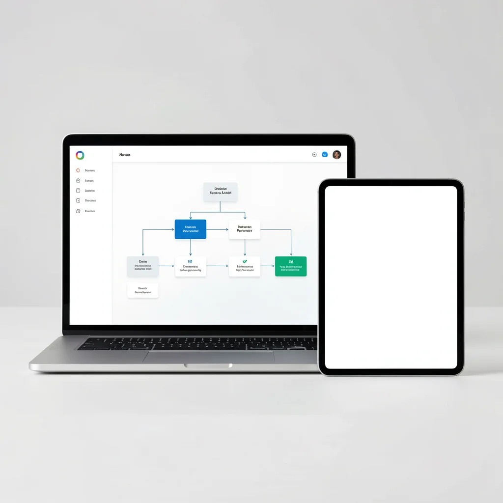 Mockup de laptop e tablet com dashboard abstrato e fluxogramas representando mapeamento de processos em mentoria para negócios digitais