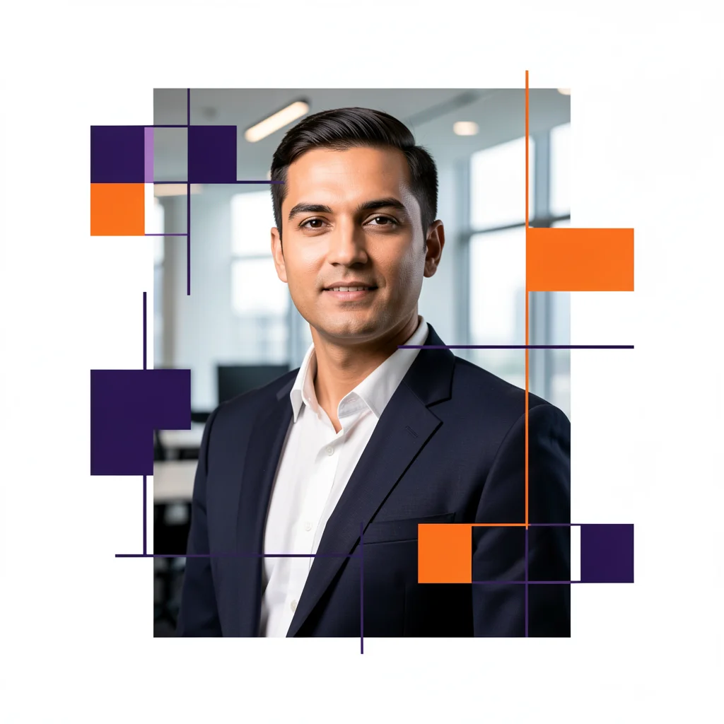 Profissional de negócios em um ambiente corporativo moderno com elementos gráficos abstratos em laranja e roxo representando análise estratégica.