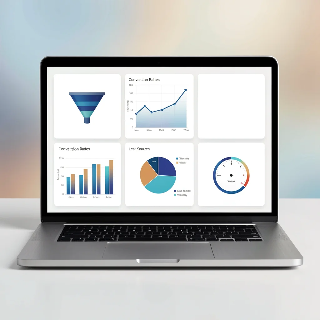 Dashboard elegante em notebook premium exibindo cinco gráficos abstratos representando métricas de vendas como funil, linha de tendência e barras de conversão.