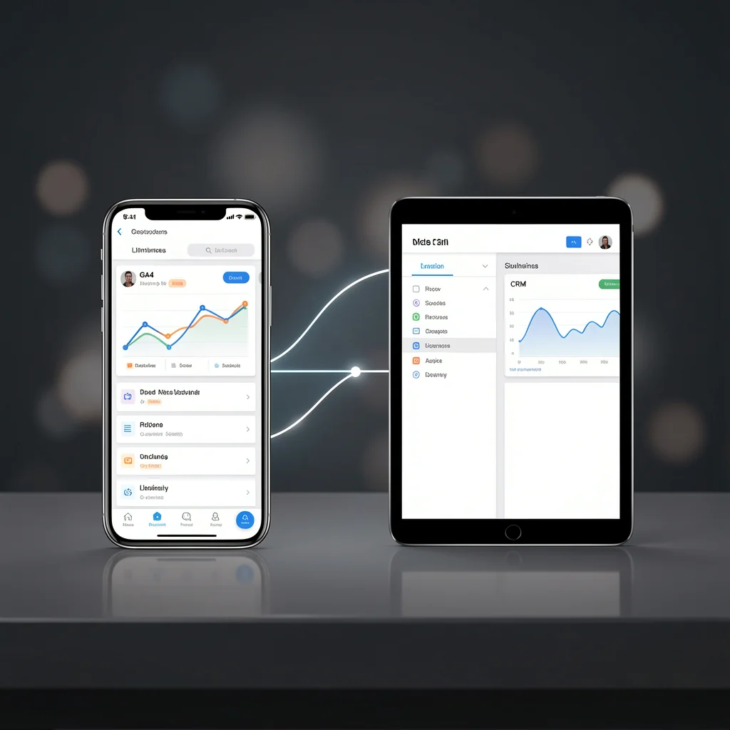 Smartphone e tablet lado a lado com telas de analytics e CRM conectados por uma linha de dados, representando integração de ferramentas.