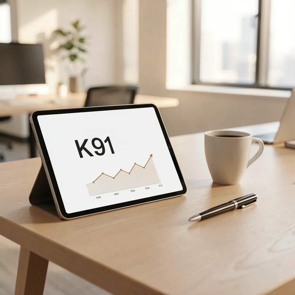 Mesa de escritório com tablet exibindo dashboard simplificado com um único KPI, caneta e xícara de café ao lado.