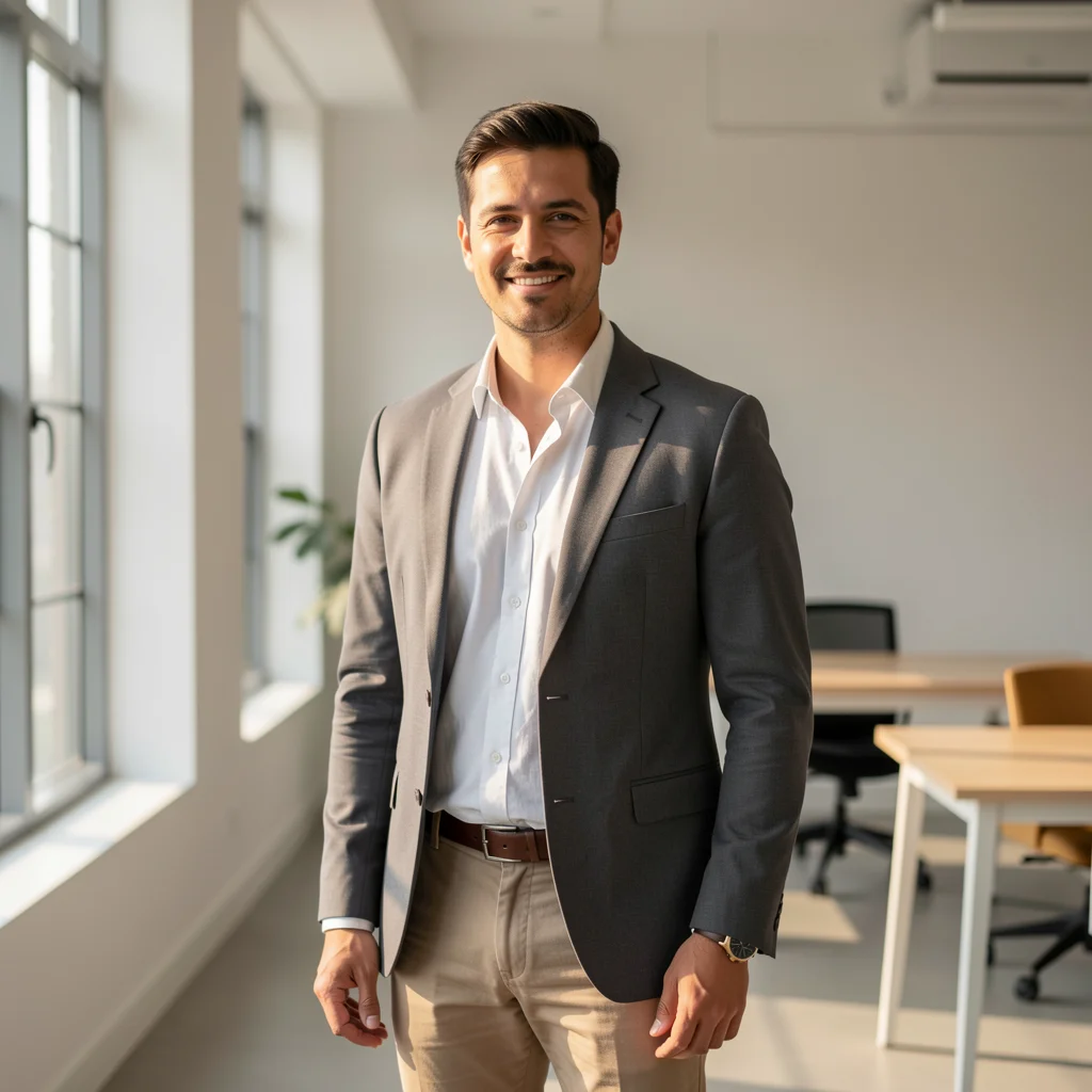 Empreendedor confiante em um escritório moderno e iluminado.