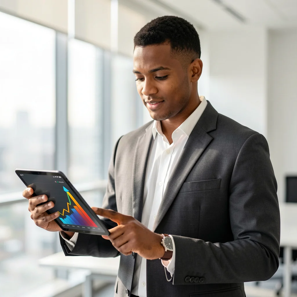 Empreendedor confiante em escritório moderno analisando crescimento de negócios em um tablet.