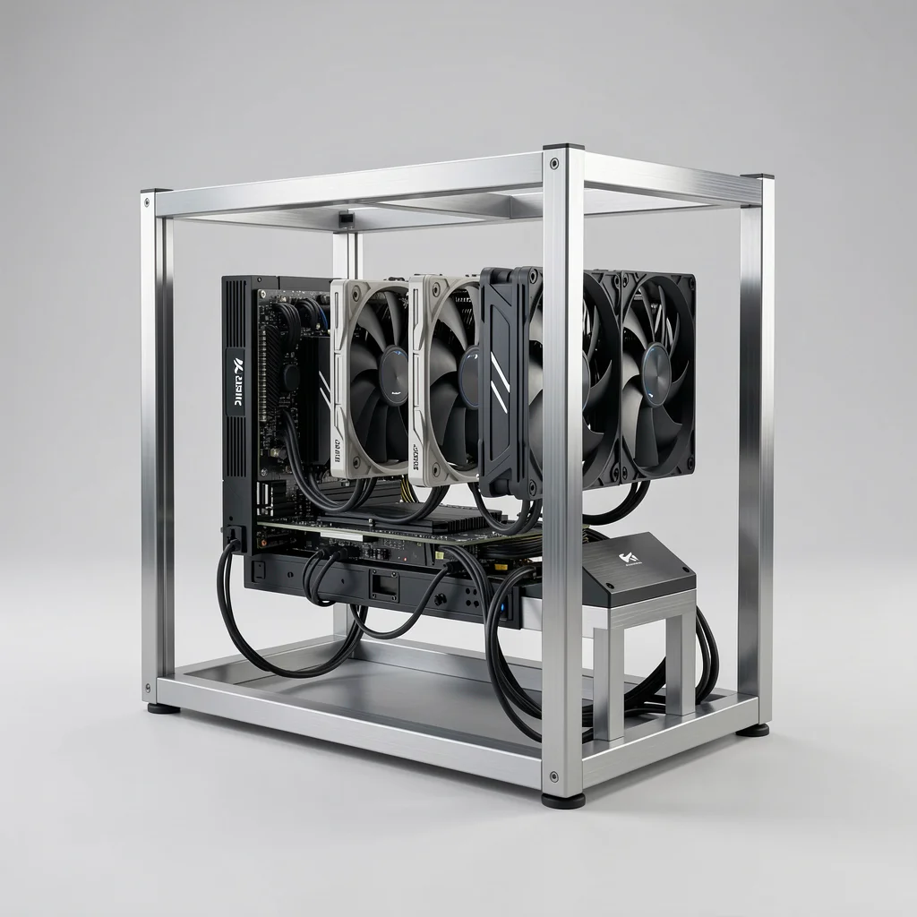 Imagem de uma plataforma de mineração de criptomoedas com várias placas de vídeo em um ambiente elegante e profissional