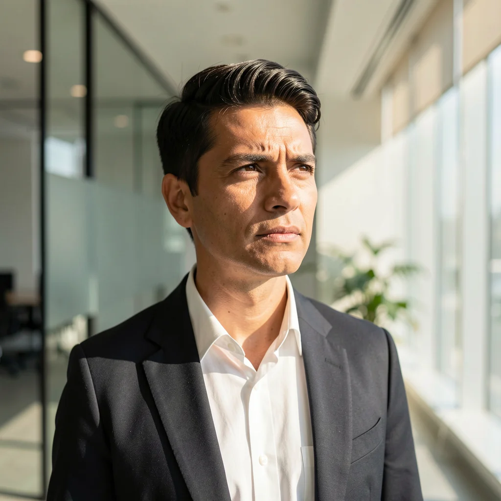Profissional confiante em um escritório moderno e iluminado, representando visão e propósito corporativo.