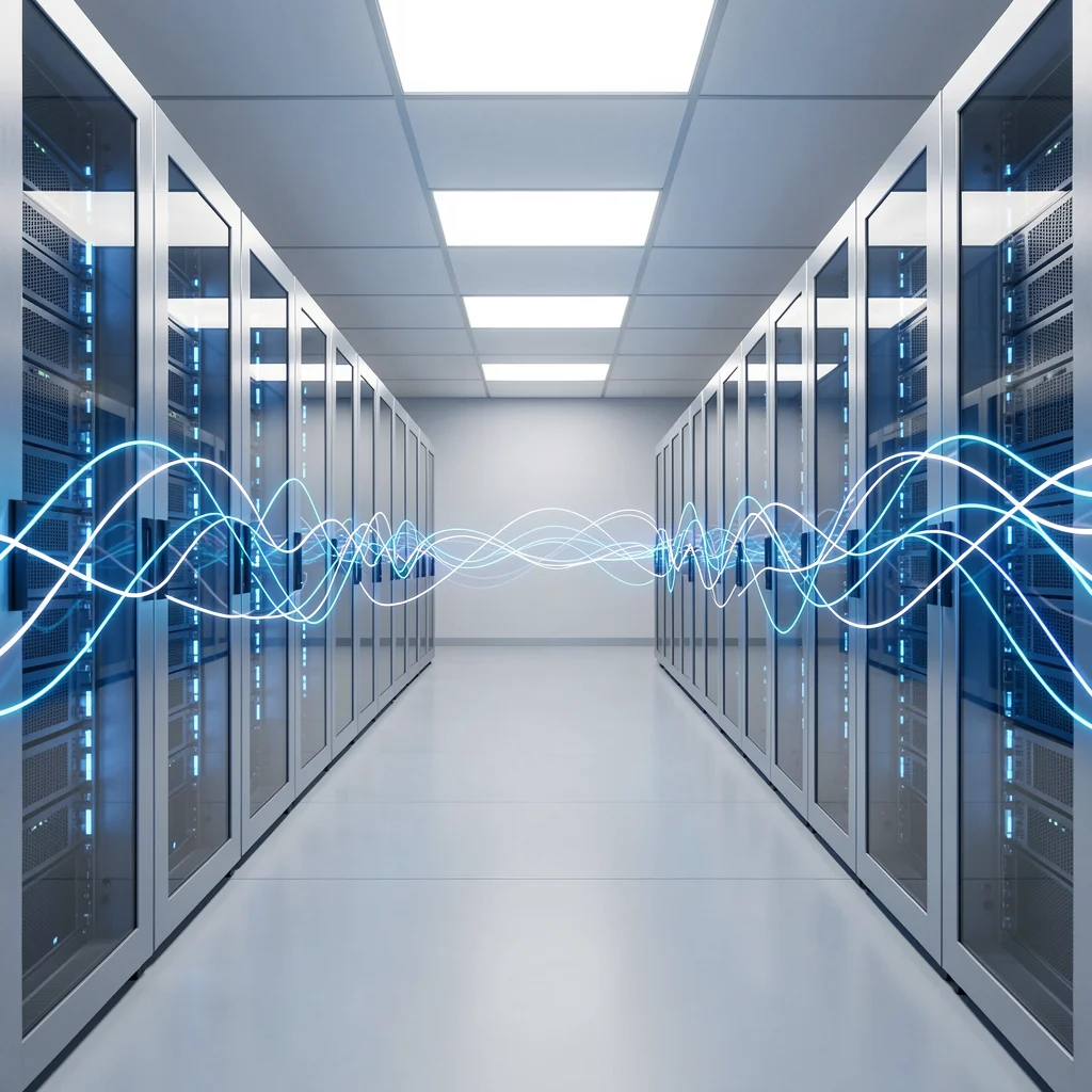 Data center moderno com servidores iluminados em azul e fluxos de dados abstratos representando a base de dados para IA