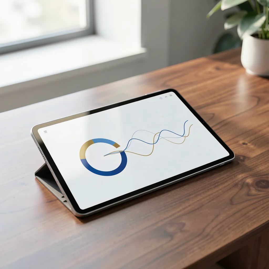 Tablet sobre mesa de madeira exibindo dashboard abstrato com gráficos circulares e linhas de dados em azul e dourado
