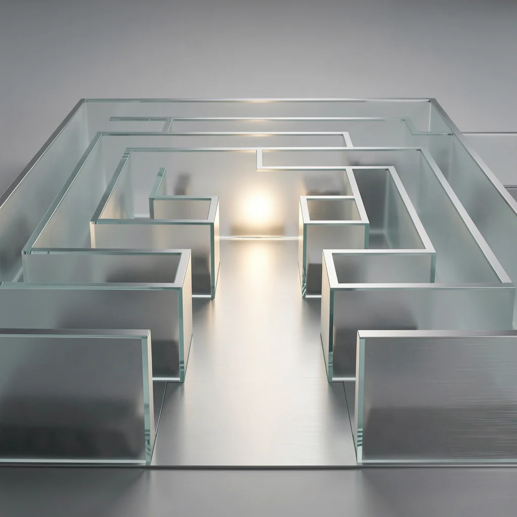 Labirinto minimalista de vidro e alumínio com um caminho iluminado simbolizando a paciência necessária para evitar erros de iniciante