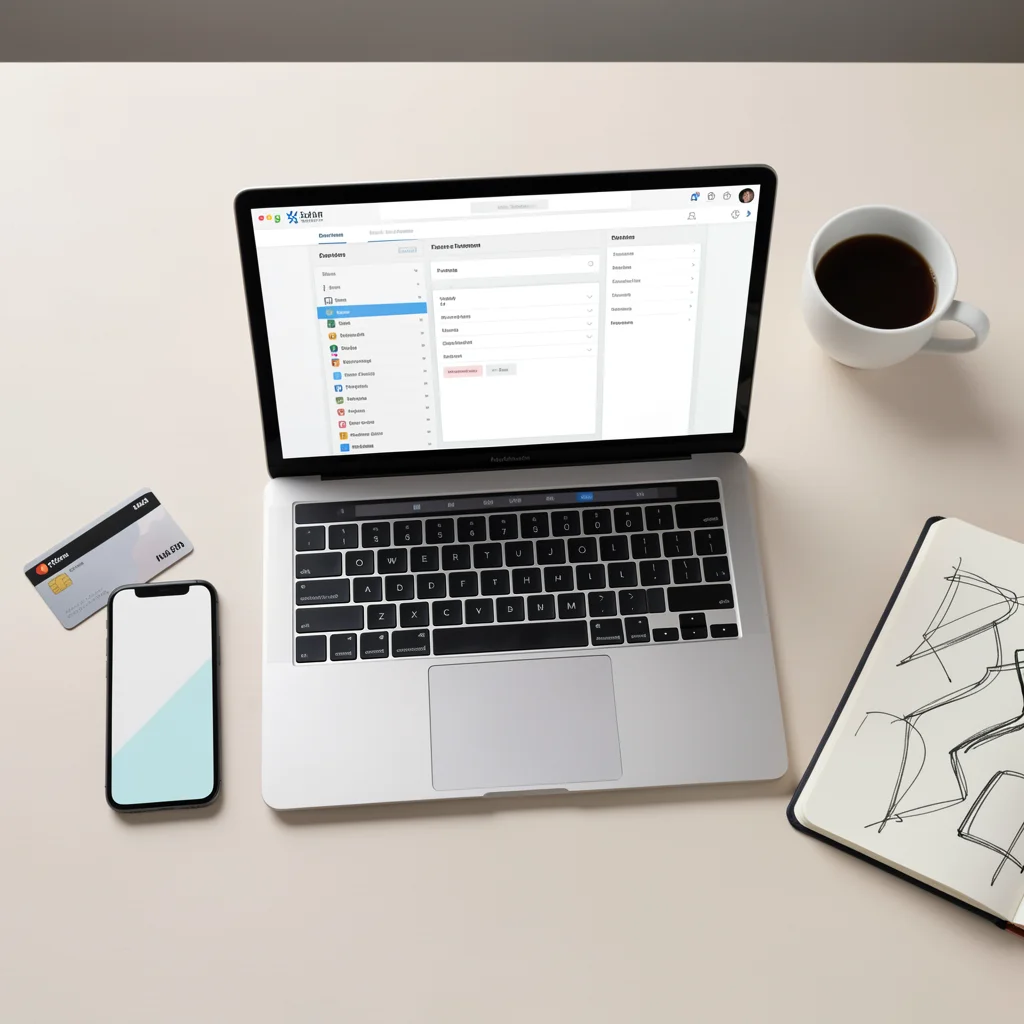 Mesa de trabalho com notebook, smartphone, cartão de crédito e caderno, representando os primeiros passos para iniciar um negócio online