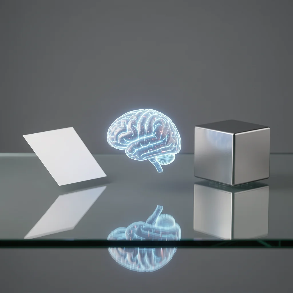 Metáfora visual com três objetos geométricos representando modelos de contrato grátis, IA e pago