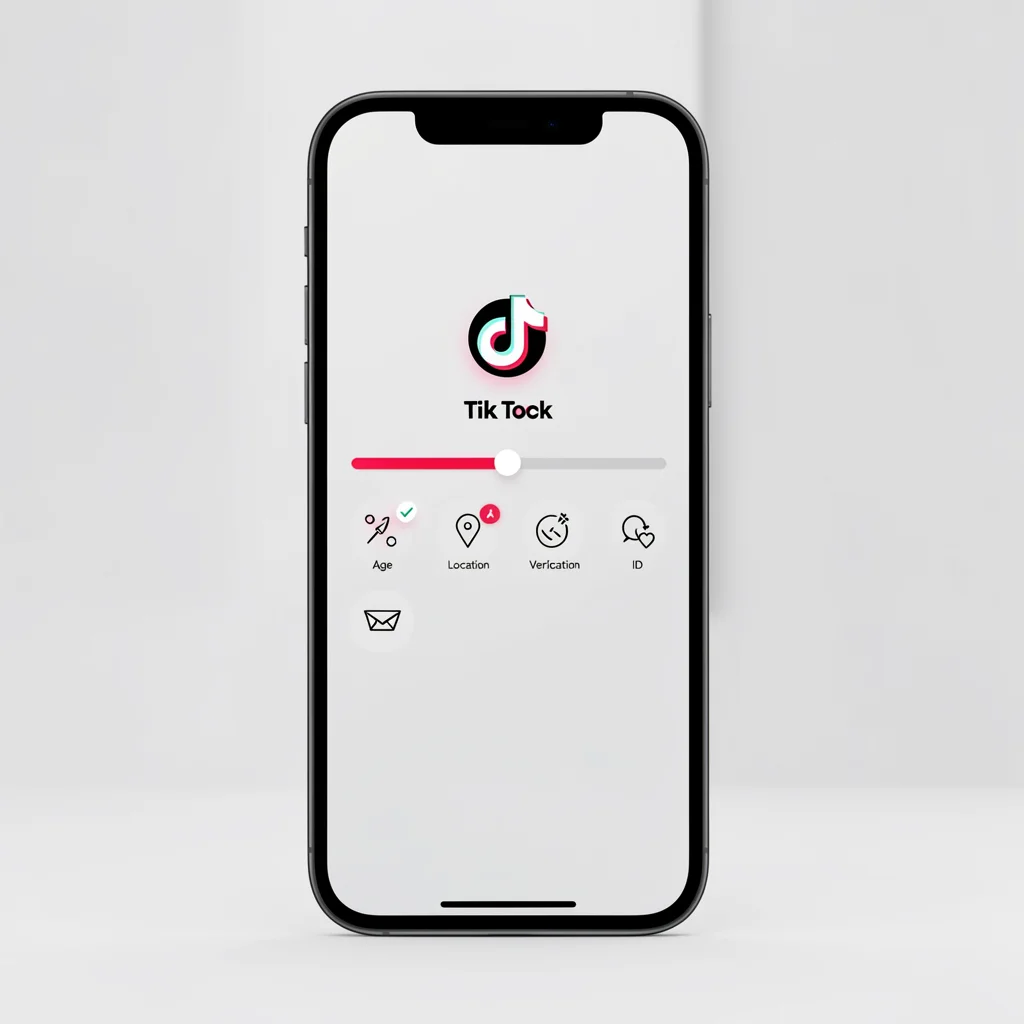 Mockup de tela de smartphone mostrando requisitos de verificação para monetização no TikTok, com ícones de idade, localização e identidade.