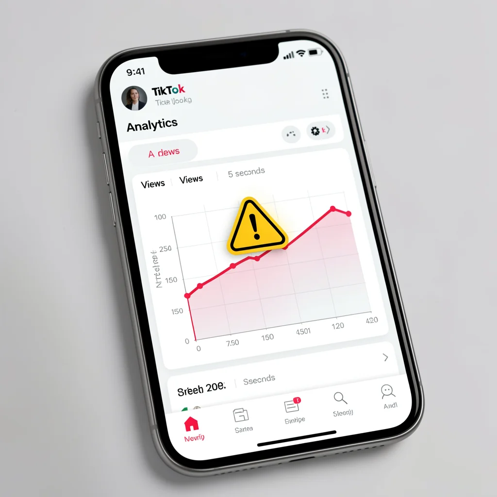 Dashboard de análises do TikTok em smartphone destacando queda de visualizações após 5 segundos, com ícone de alerta.