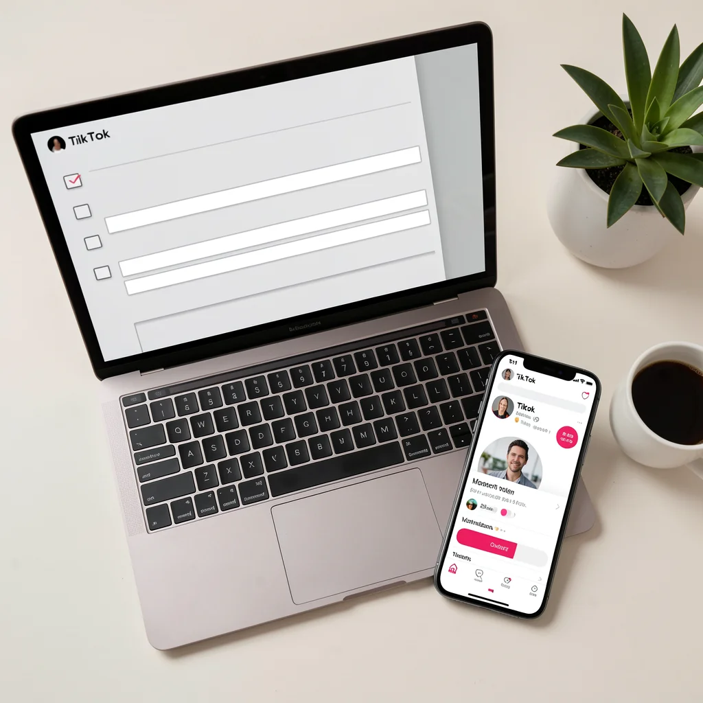 Mesa de trabalho com smartphone e laptop exibindo checklist de monetização do TikTok e perfil com selo de monetização.