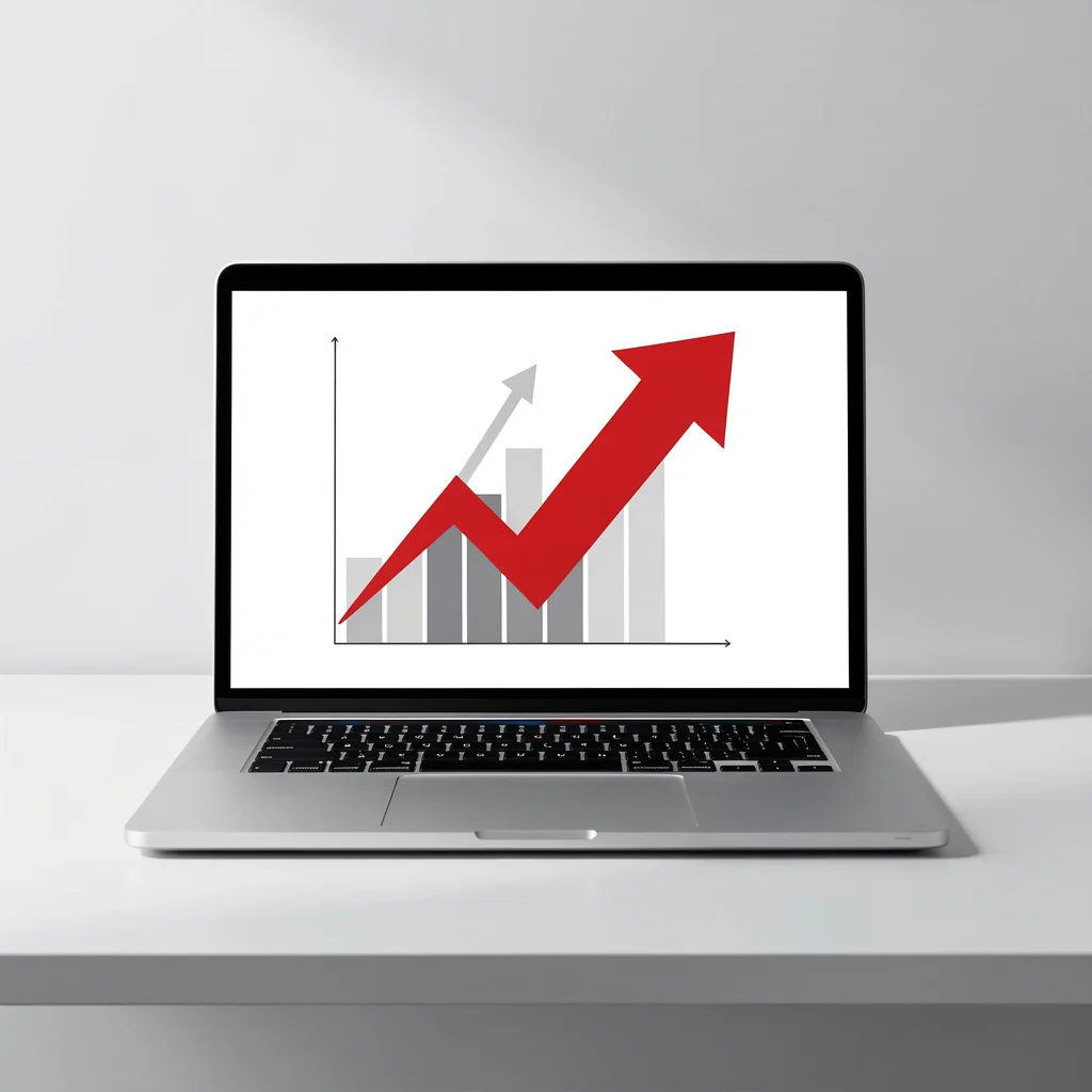 Laptop com gráfico abstrato e seta vermelha descendente simbolizando erro em negócio PLR