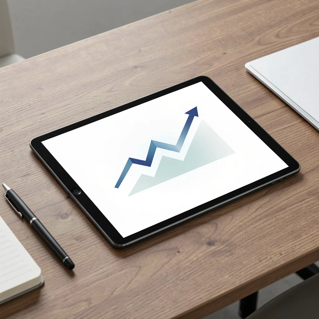Tablet com dashboard abstrato e gráficos ascendentes representando o passo a passo do negócio PLR