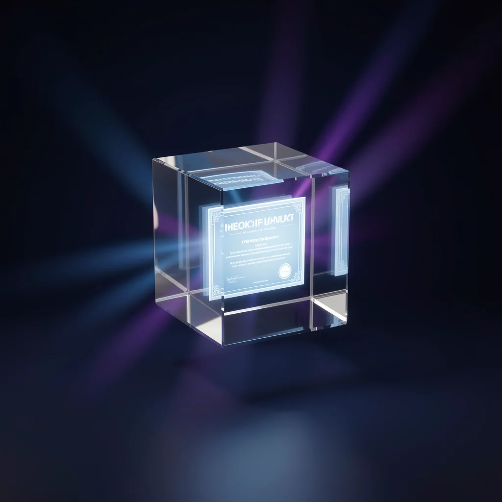 Cubo de vidro tridimensional flutuante com certificado digital interno, iluminado por feixes de luz azul e roxo, em fundo escuro degradê.
