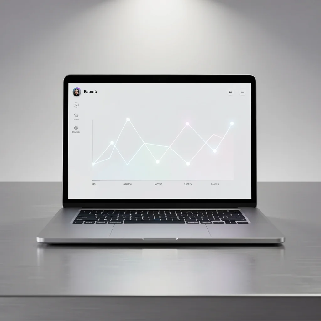 Notebook prateado em mesa metálica com tela mostrando dashboard abstrato com gráficos e nós interconectados, iluminação suave.