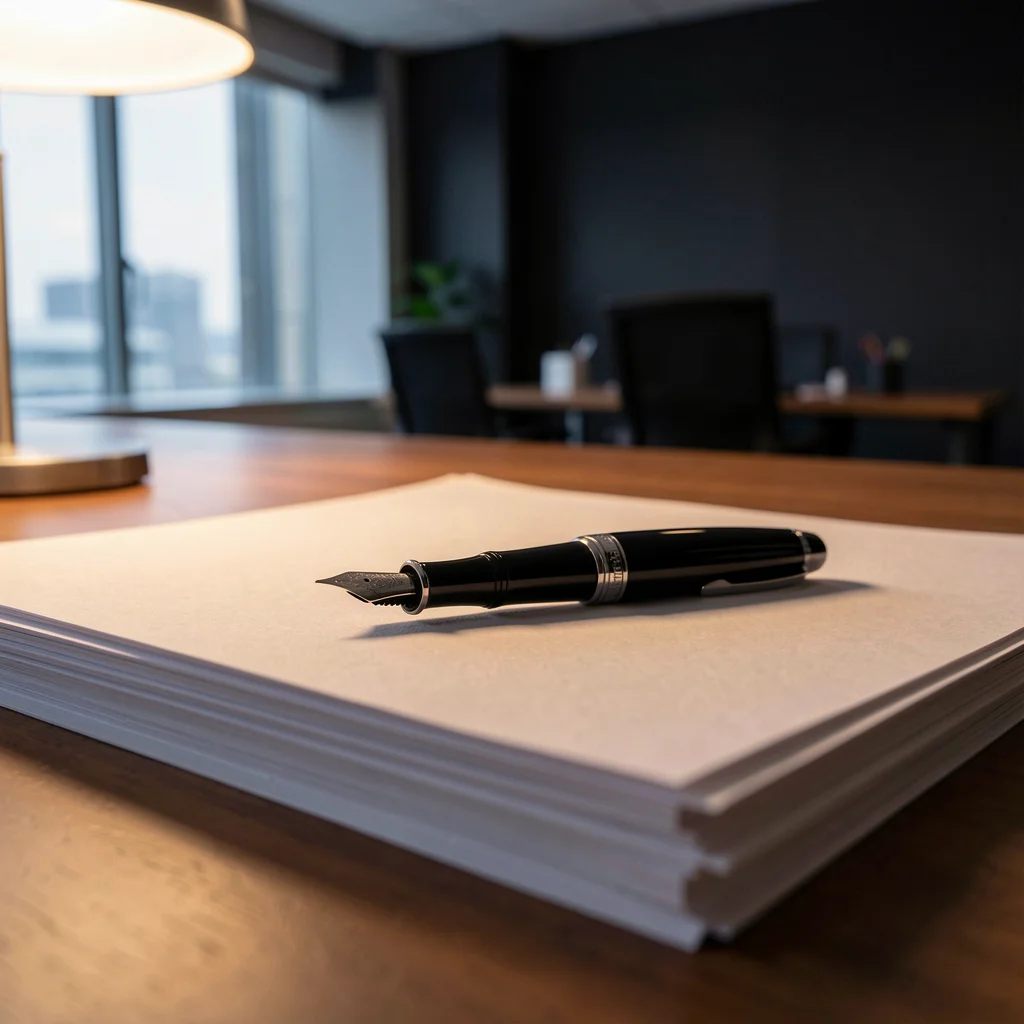 Caneta de luxo sobre documentos de papel em uma mesa de escritório moderna com iluminação suave.