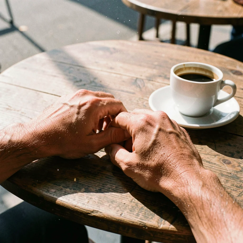 Mãos sobre uma mesa de café em um momento cotidiano.