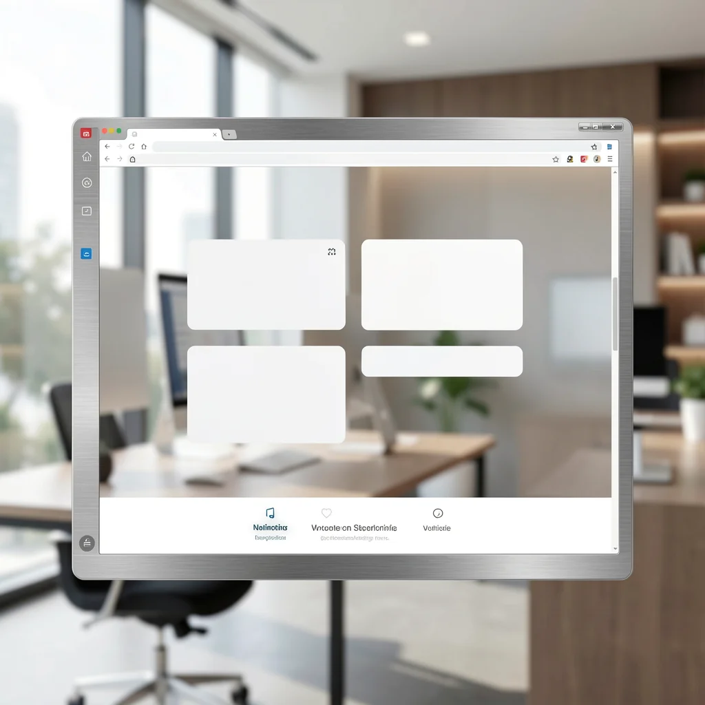 Interface elegante de navegador exibindo notificações minimalistas em um ambiente de trabalho premium.