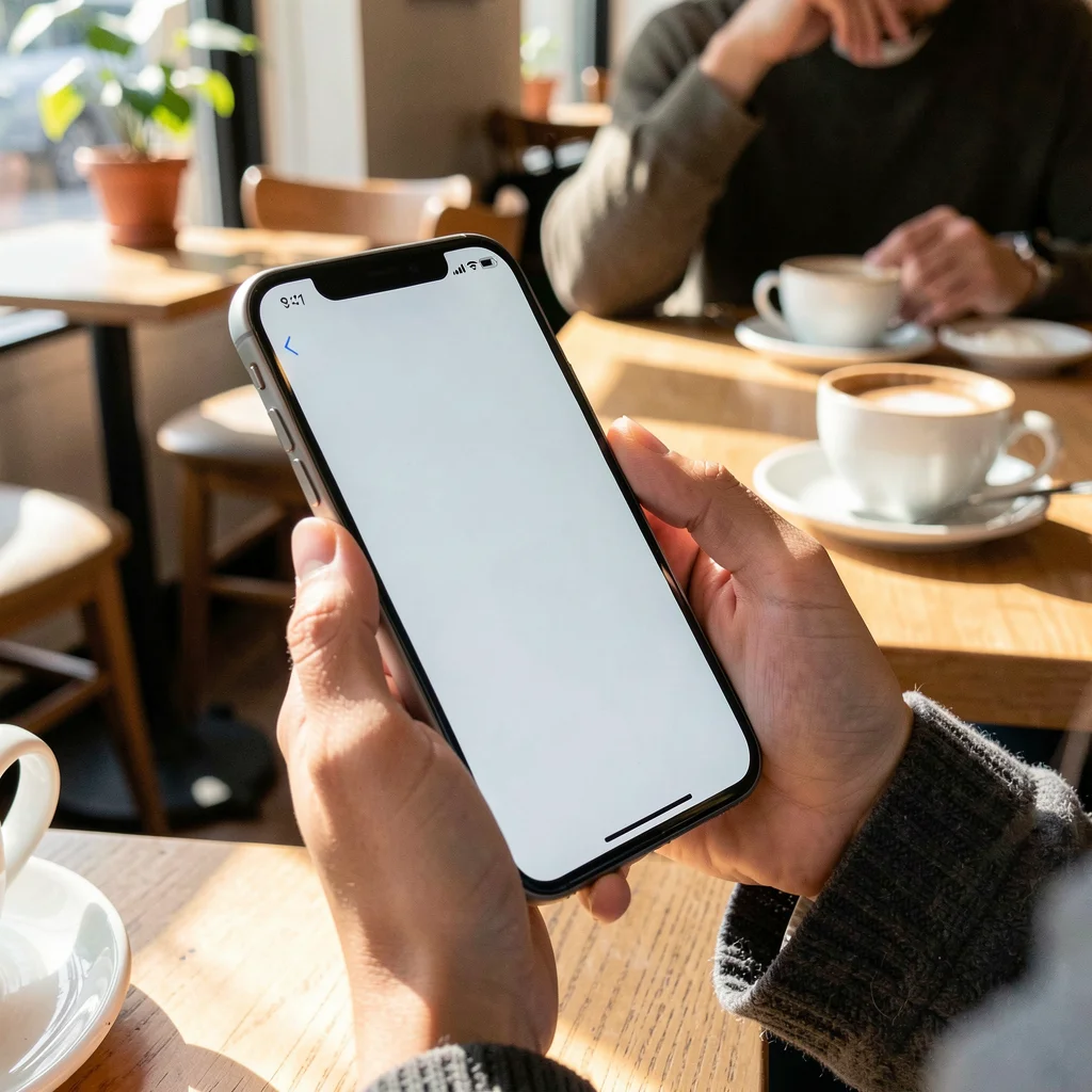 Mãos usando smartphone para assinar documentos digitalmente em um café