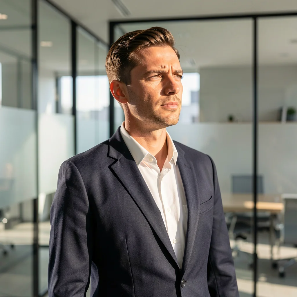 Profissional em ambiente de escritório moderno e iluminado, representando formalização e crescimento empresarial.