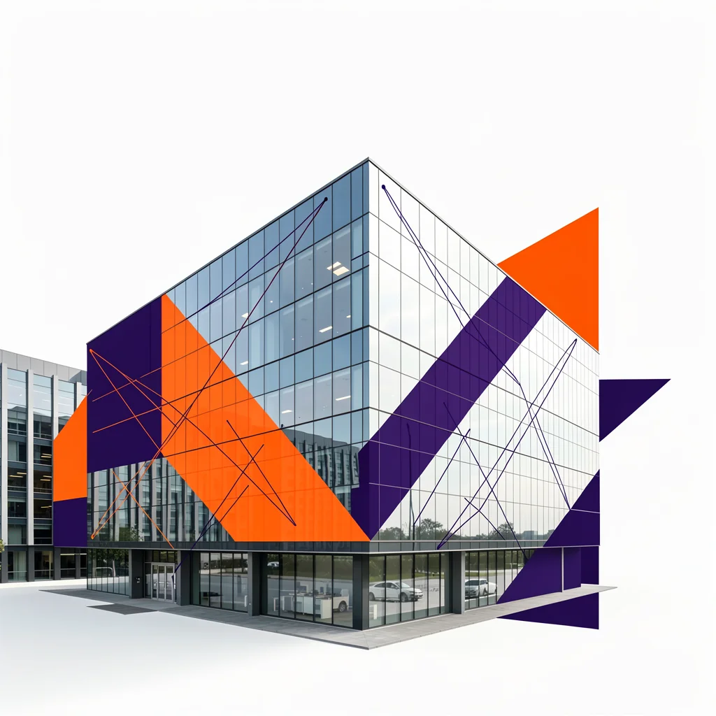 Representação visual moderna do Vale do Silício com formas geométricas em laranja e roxo sobre fundo branco.